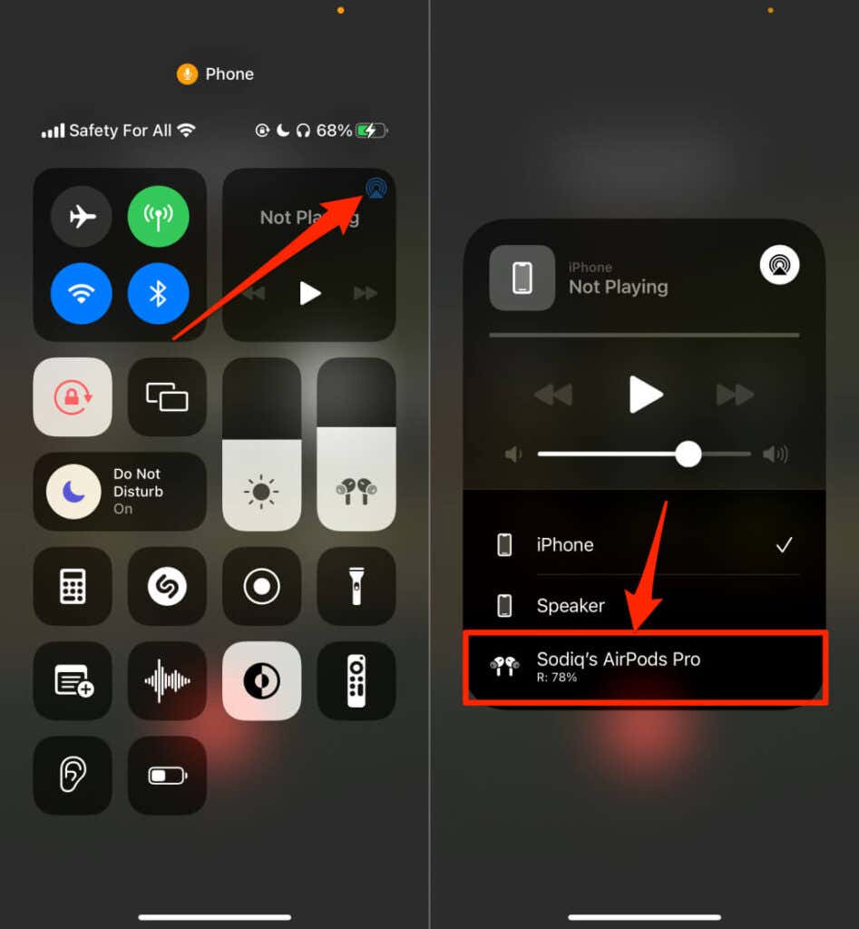 Control Center > AirPlay icon > Airpods
