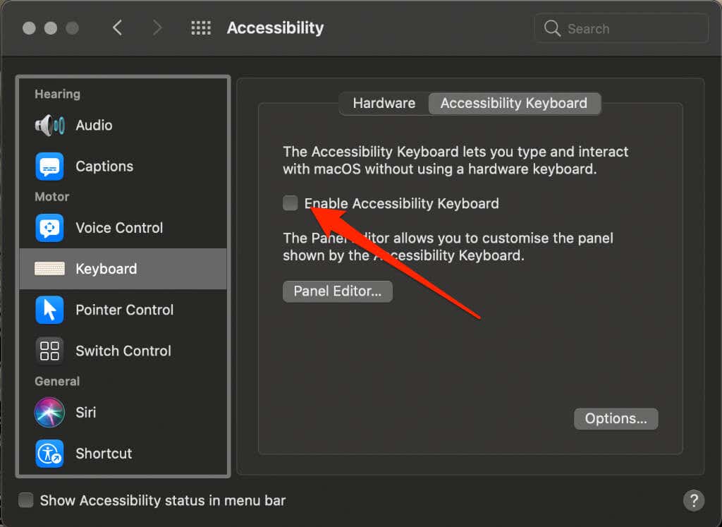 Enable Accessibility Keyboard check box 