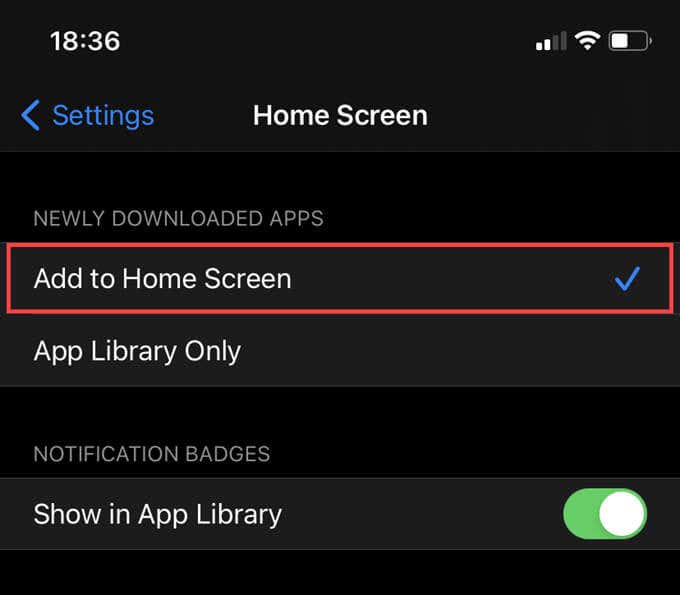 Add to Home Screen option selected 