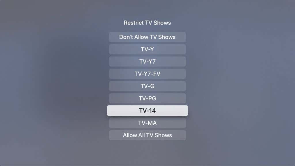 Restrict TV Shows screen 