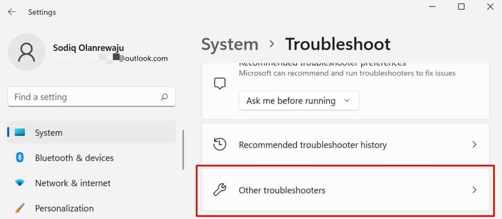 System > Troubleshoot > Other troubleshooters