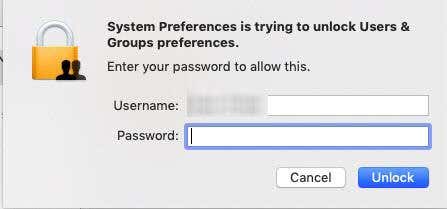 System Preferences window asking for Username and Password