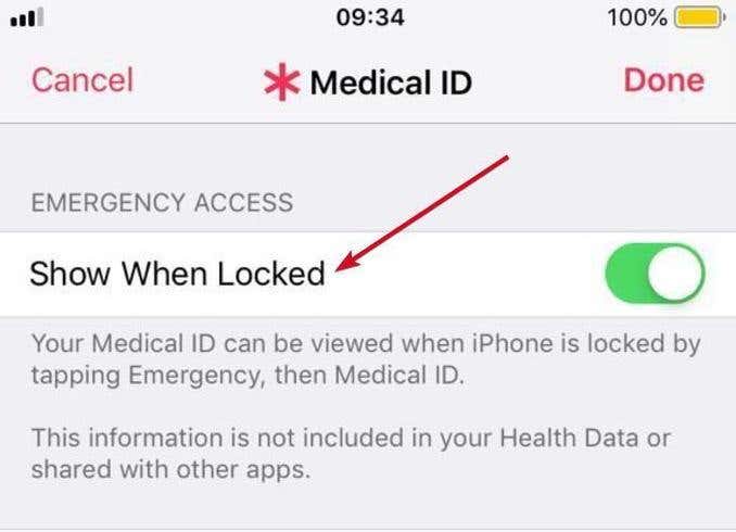 Show When Locked toggle indicated in Medical ID app 