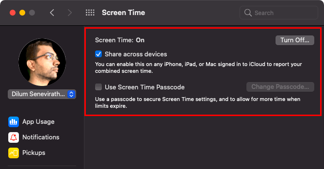Screen Time options window