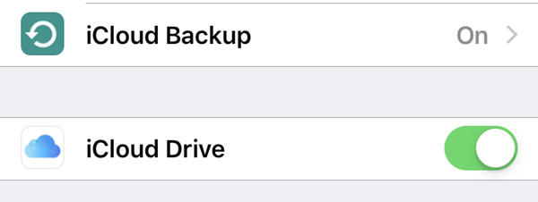 iCloud Backup menu with iCloud Drive switched to On