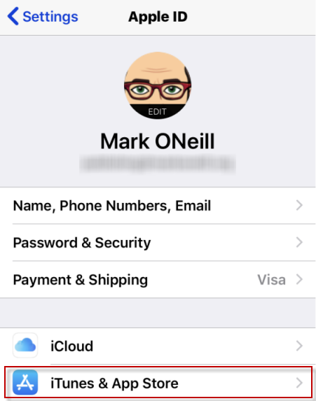 Mark ONeill's Apple ID settings window with iTunes & App Store highlighted