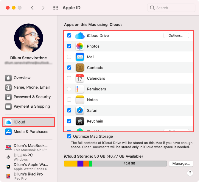 Apple ID > iCloud > switch off features you want to disable 