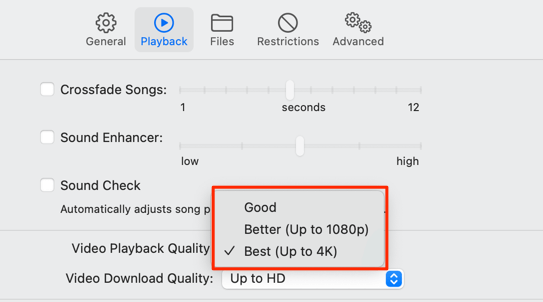 Playback quality drop-down button 