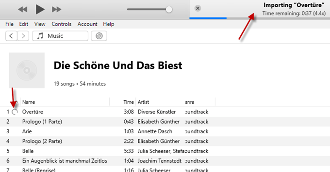 iTunes importing a CD with progress bar indicated