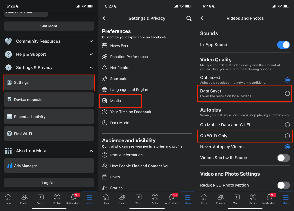 Settings & Privacy > Settings > Media, and select Data Saver in the “Video Quality” settings