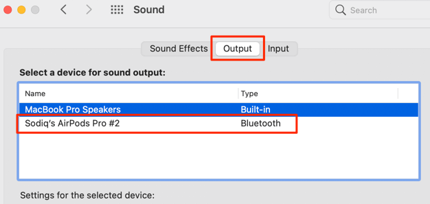 AirPods selected in Output tab