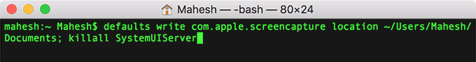 Terminal with command: defaults write com.apple.screencapture location ~PATH; killall SystemUIServer