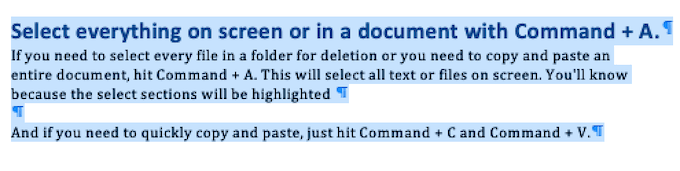 Text selected using Command + A