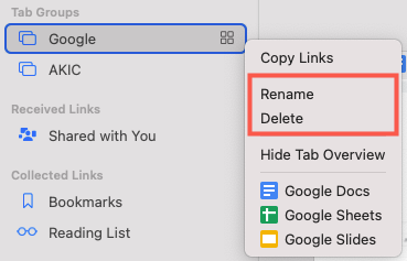 Rename and Delete options 