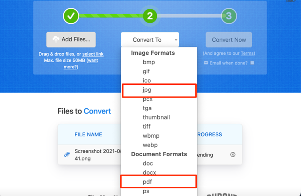 Image and document formats menu