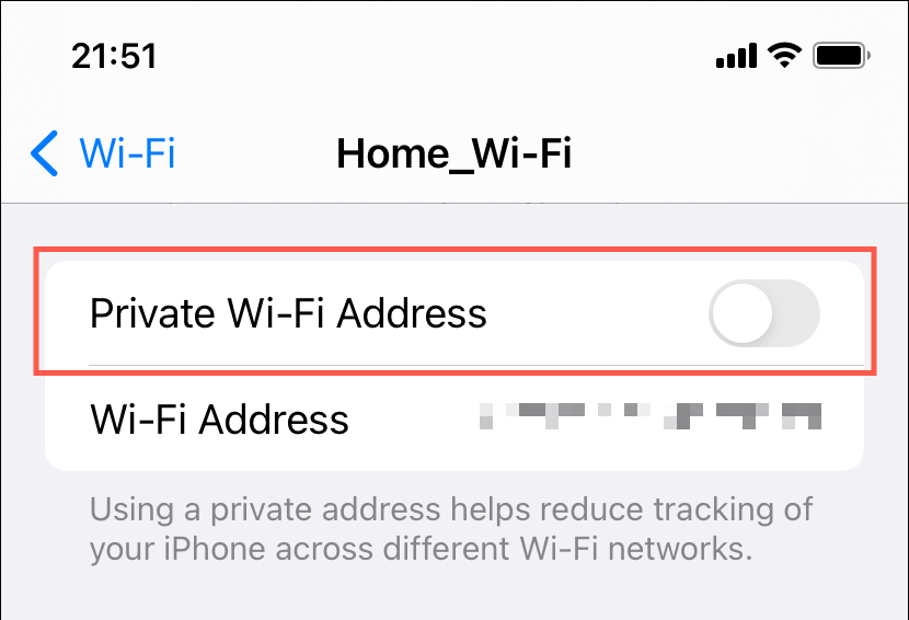 Private W-Fi Address toggle