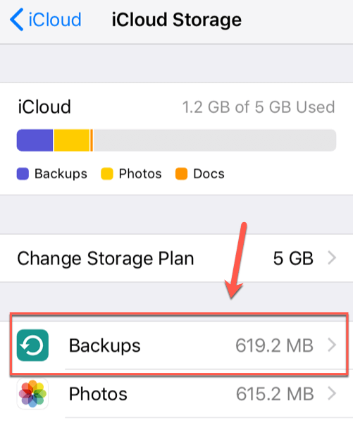 Backups in iCloud Storage menu 