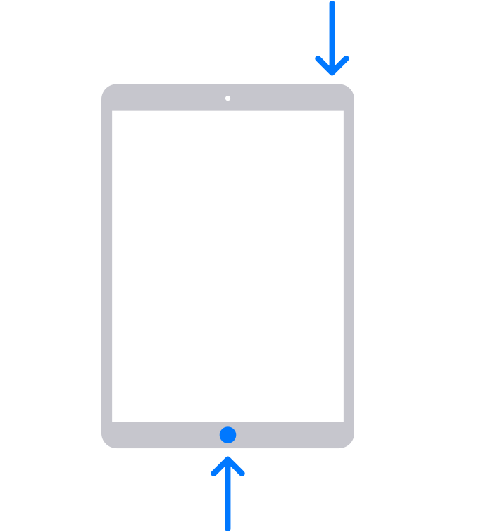 An iPad with arrows pointing to the Home button and the top button.