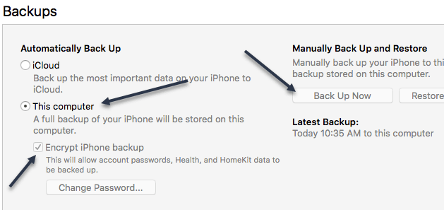 Items to select when backing up iPhone