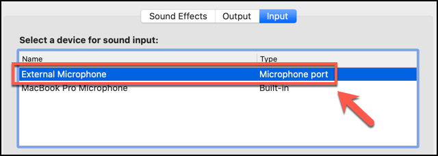 External Microphone in Input tab