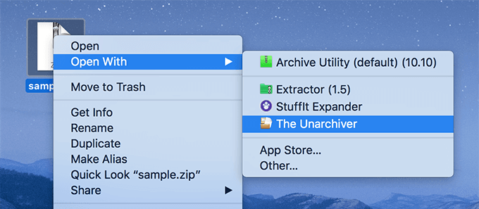 Open With The Unarchiver selected in  right-click menu 