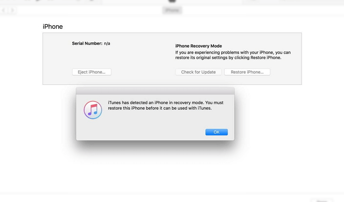 ITunes has detected an iPhone in recovery mode alert window