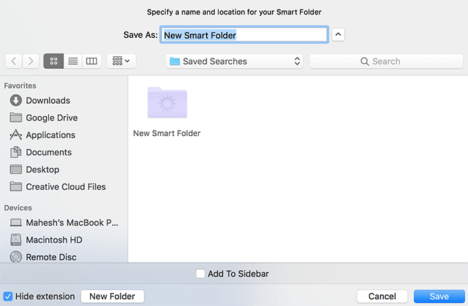 Save As window for New Smart Folder