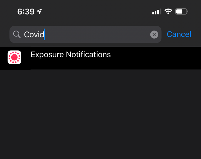 Exposure Notifications in search results