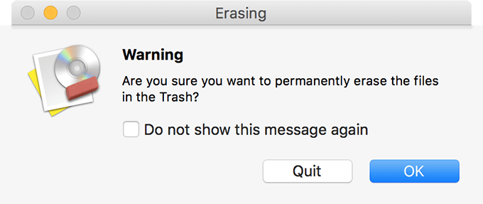 Permanently erase warning popup