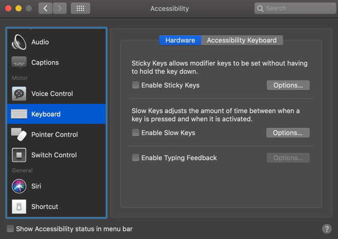 Hardware in Accessibility menu 