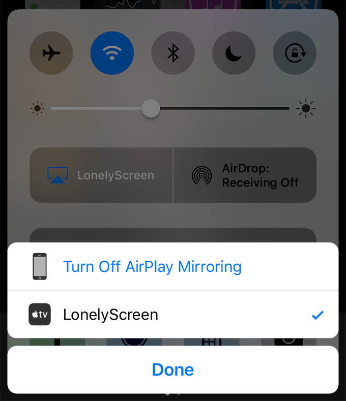 LonelyScreen selected in Control Center menu 